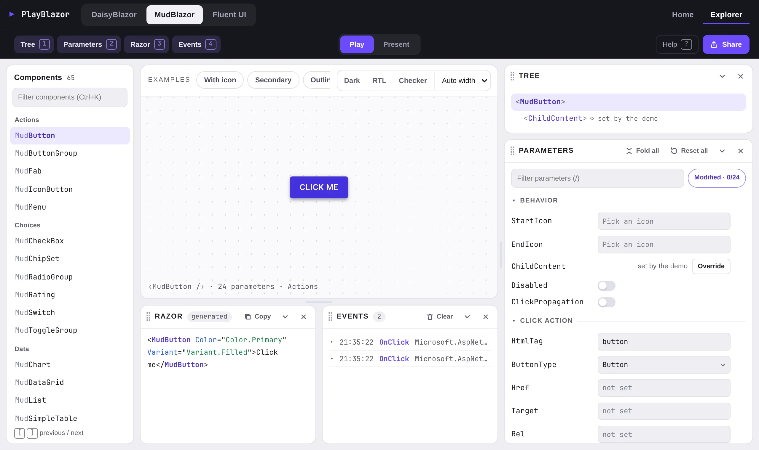 Screenshot of the PlayBlazor explorer on MudButton: the list of MudBlazor components on the left, a Click me button on the stage, its 24 parameters as controls on the right, and below the stage the generated Razor and two OnClick entries in the Events panel.