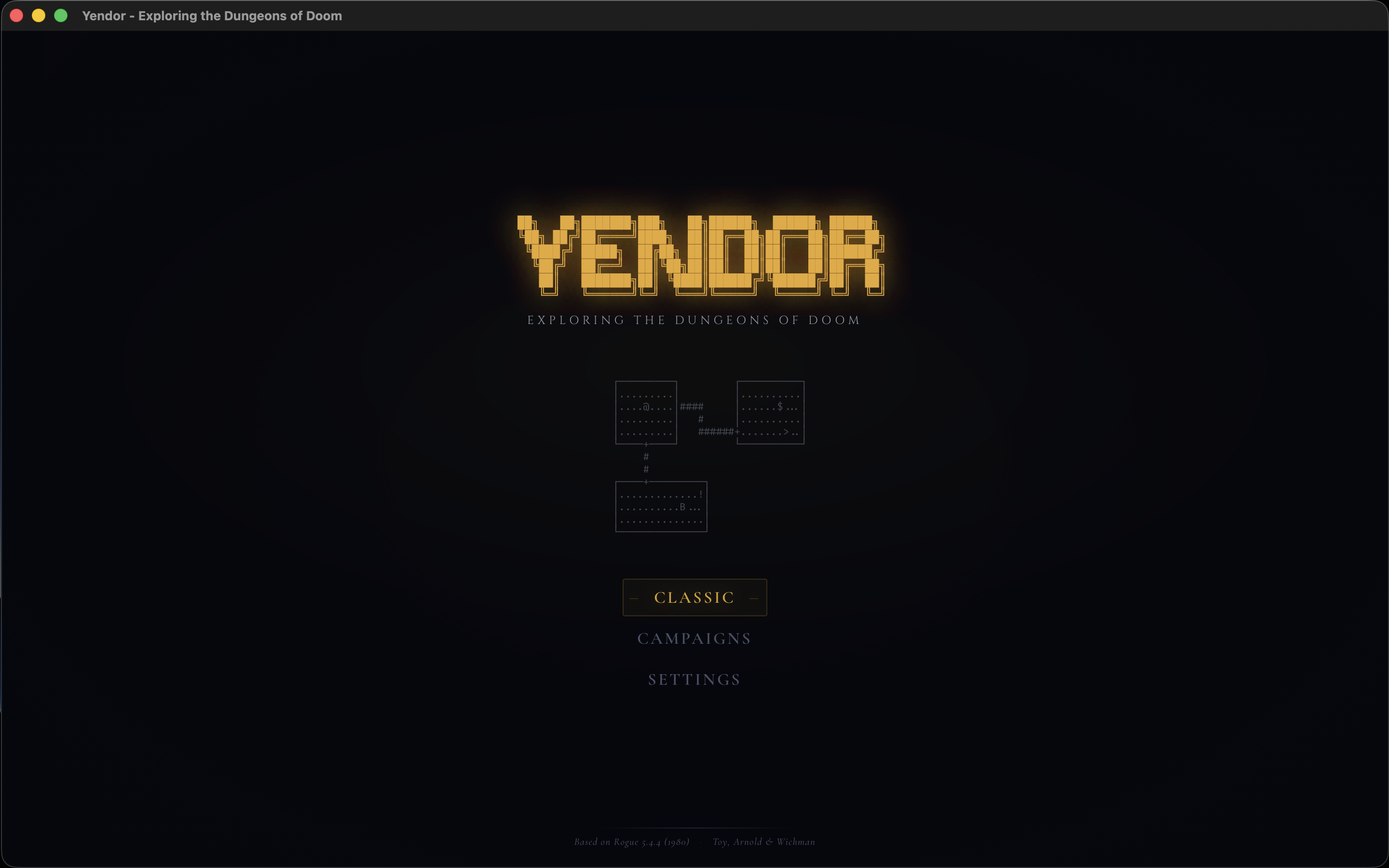 Yendor title screen with Classic, Campaigns, and Settings menu options