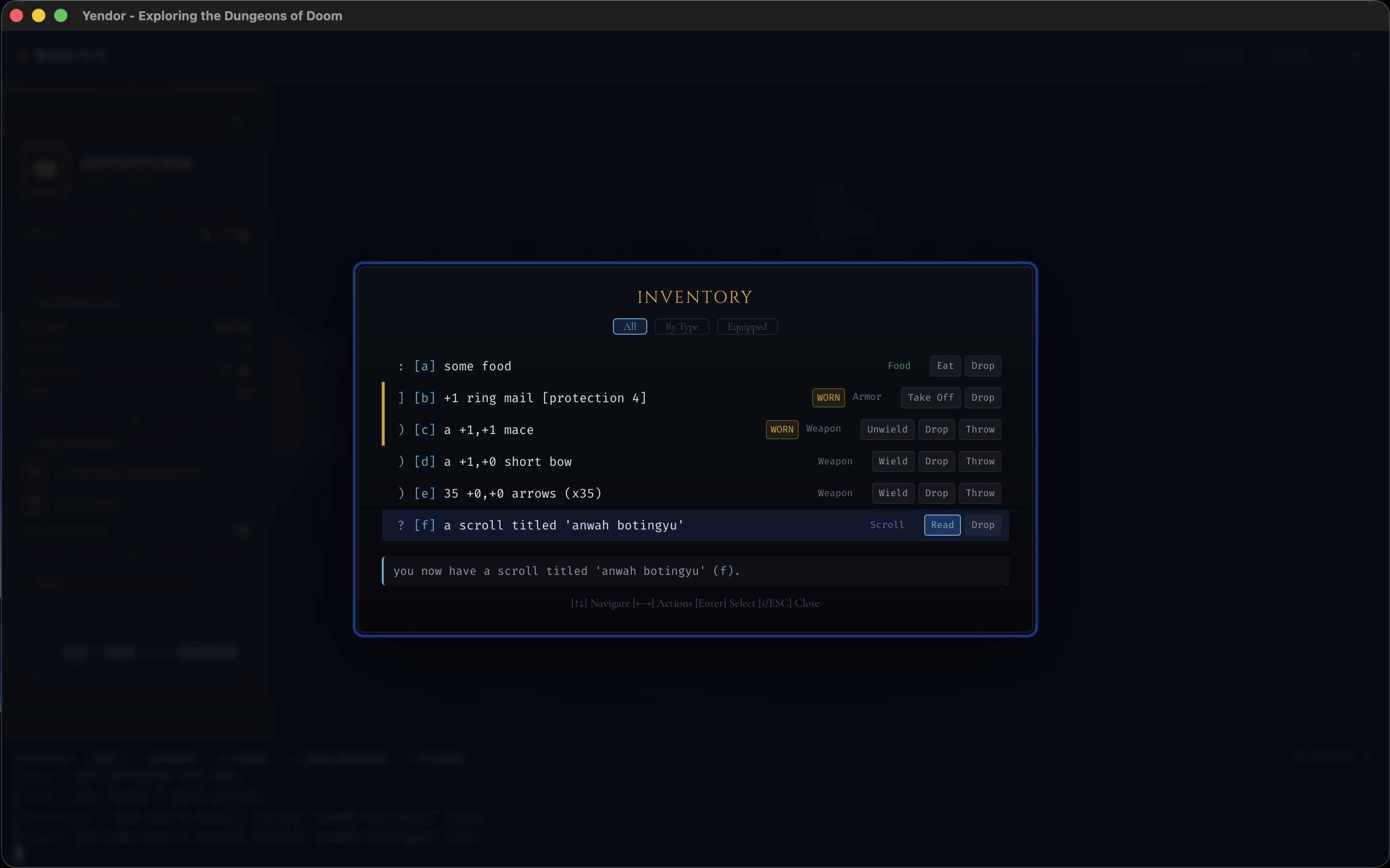 Yendor inventory screen showing weapons, armor, potions, and scrolls