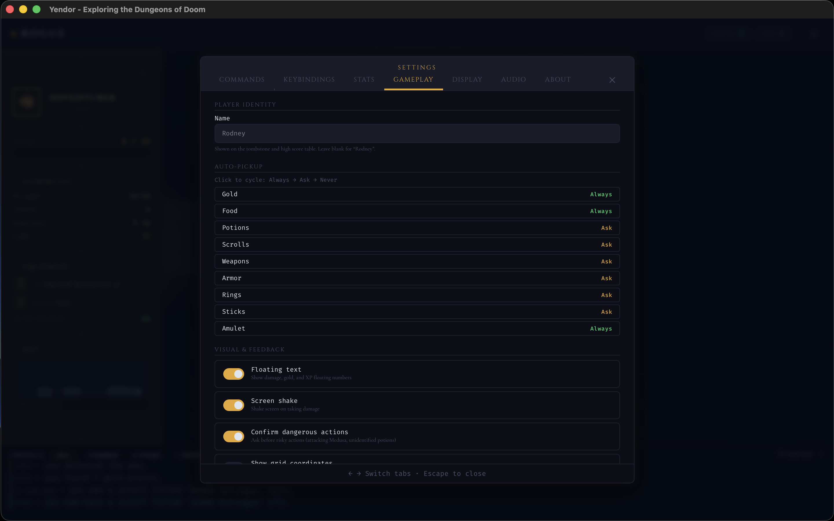 Yendor settings screen with gameplay options, autopickup, and visual feedback toggles